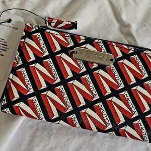 Nautica Red and Blue And White Patterned Wallet. Zipper Closure-NEW